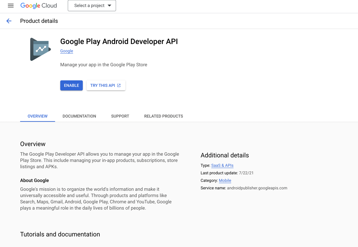 Enable Google Play Android Developer API
