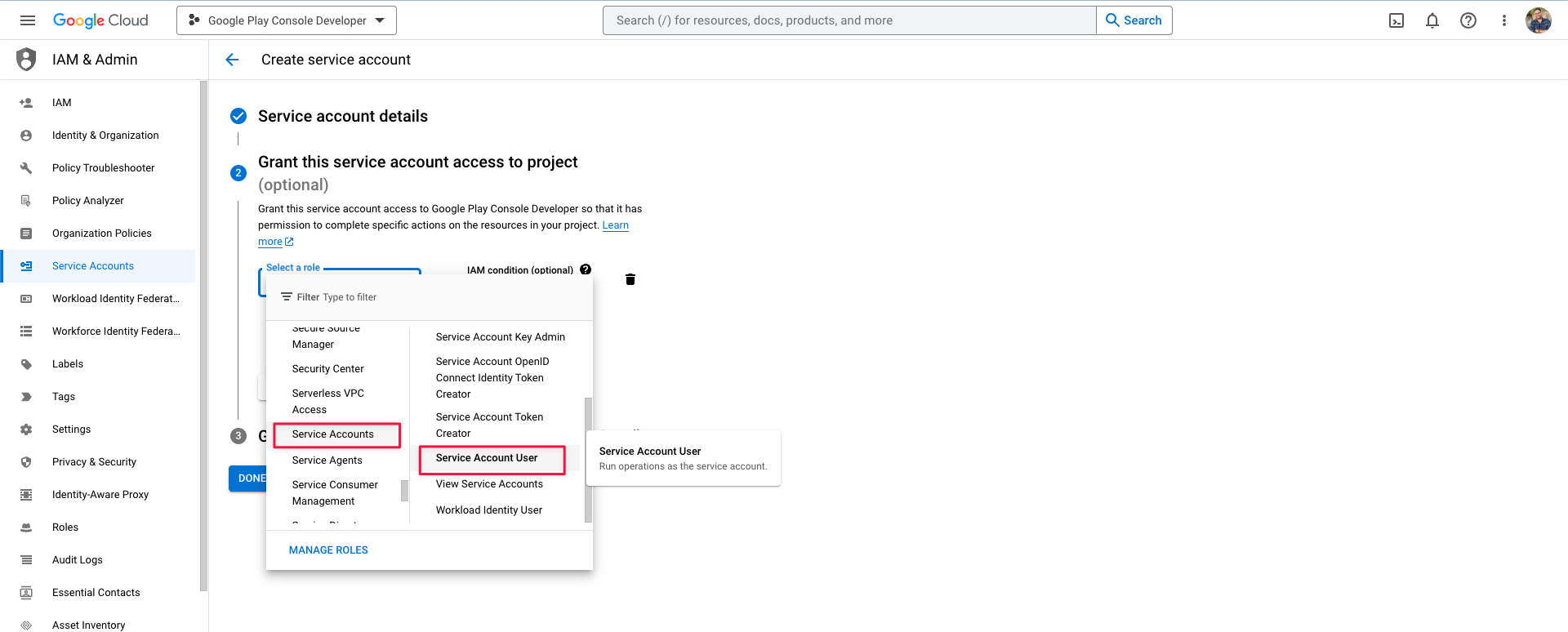 Select Service Account User