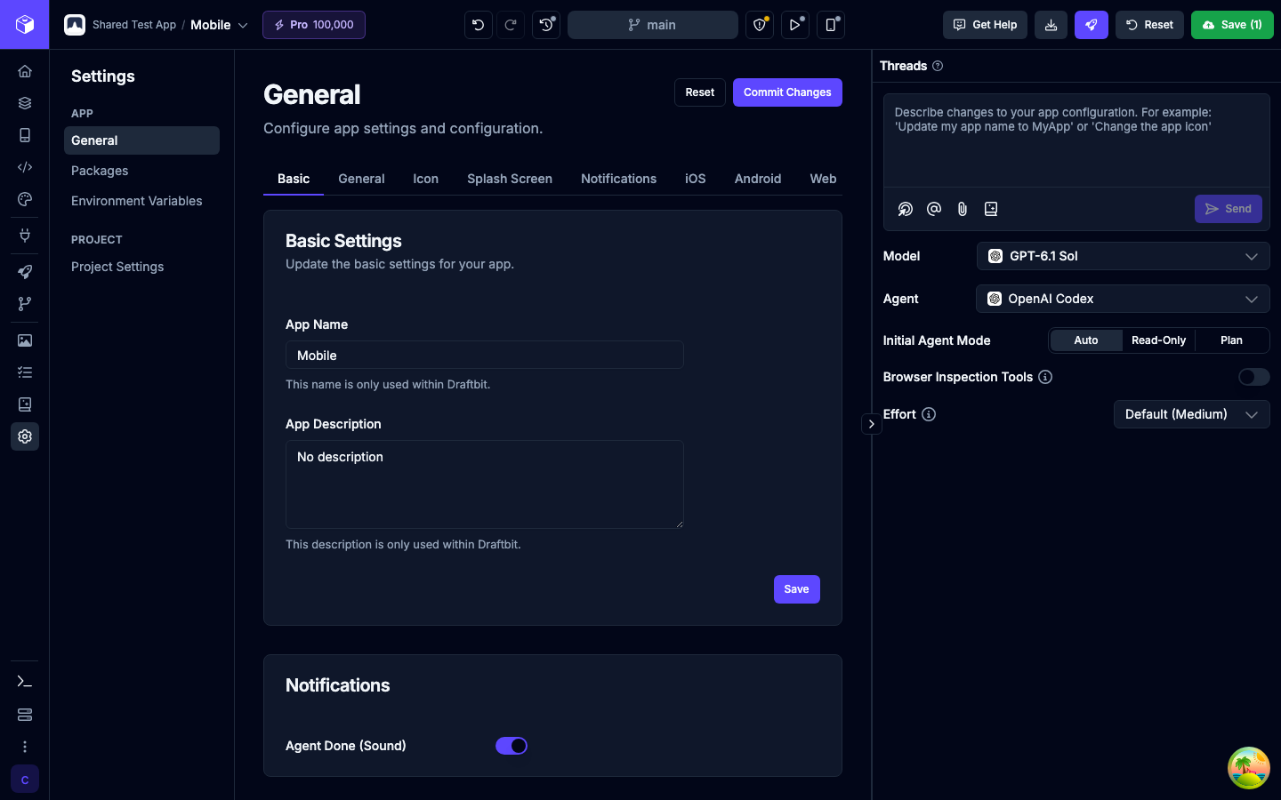 Settings on the General section and Basic tab, with the App Config Agent on the right