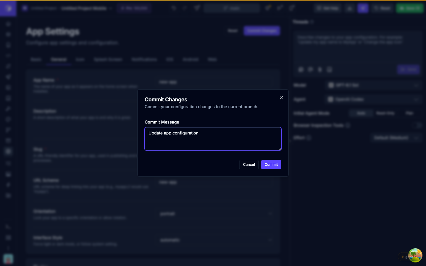 The Commit Changes dialog with its suggested commit message