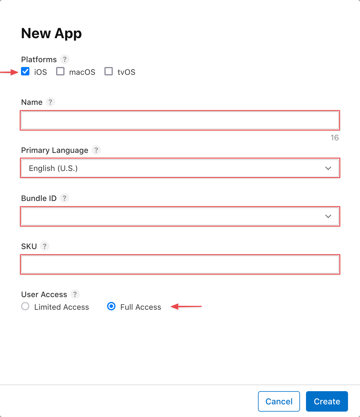 App Store Connect New App Modal