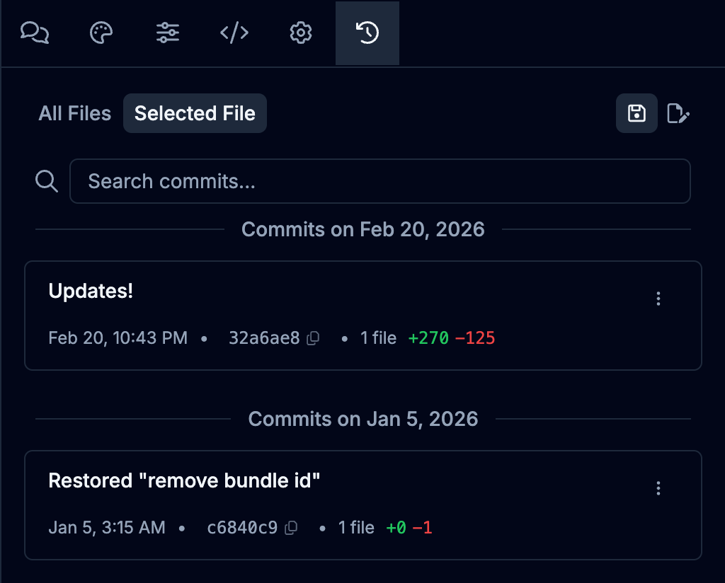 The History tab with its commit list