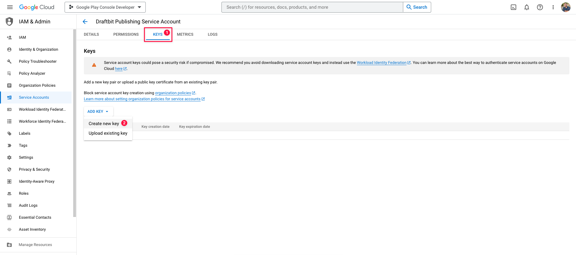 Service Account Manage Keys