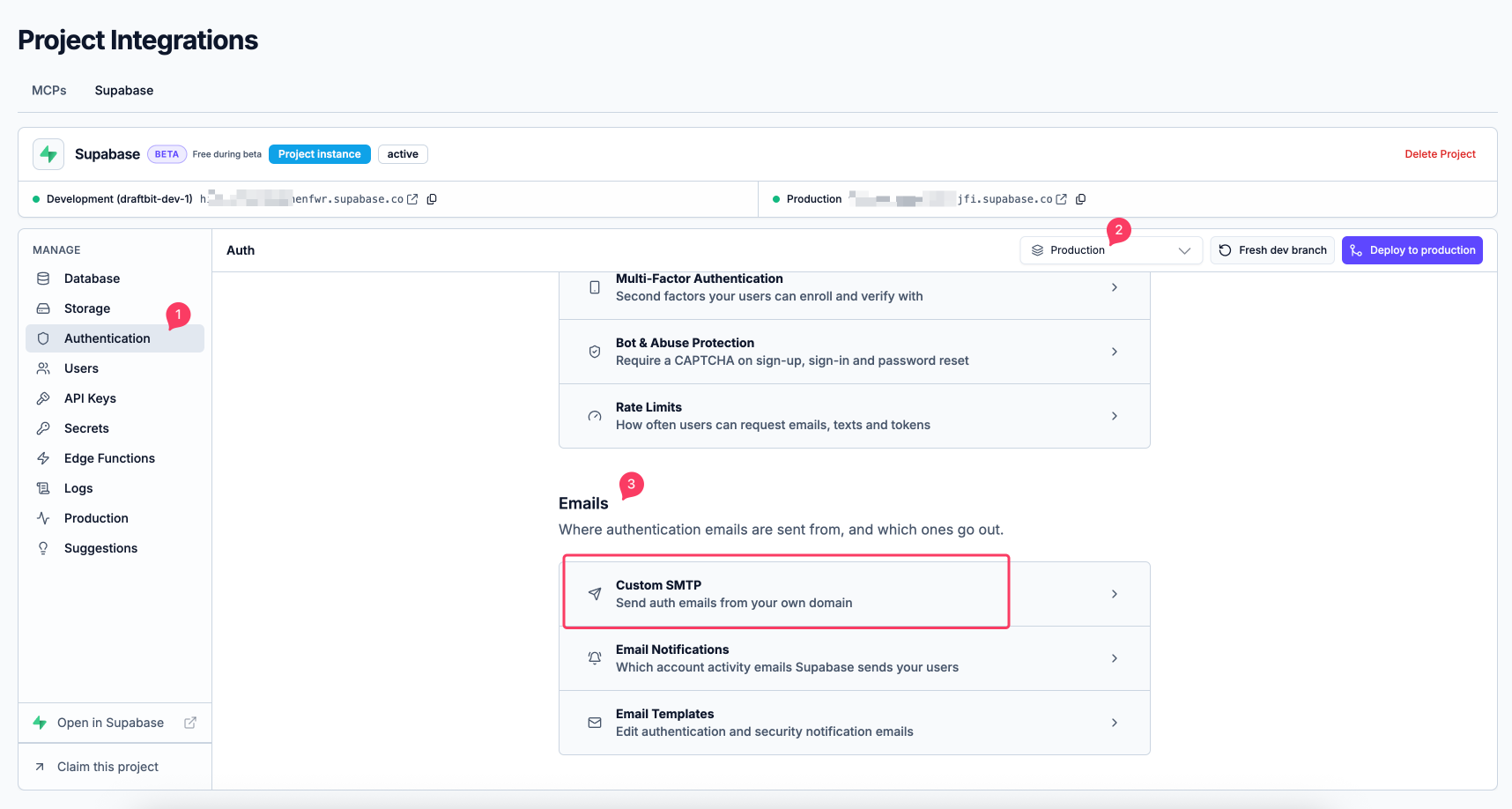 Custom SMTP under Authentication, with Production selected