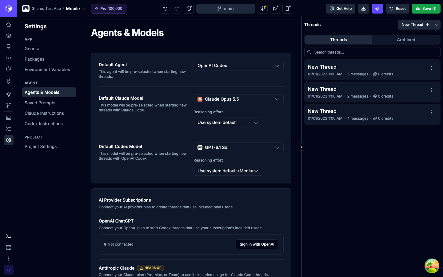 The Agents & Models section of Settings