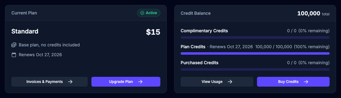 Billing Overview with the Current Plan and Credit Balance cards