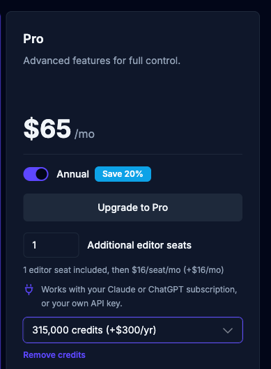 Pro plan card with Annual on, one additional editor seat, and a monthly credit package selected