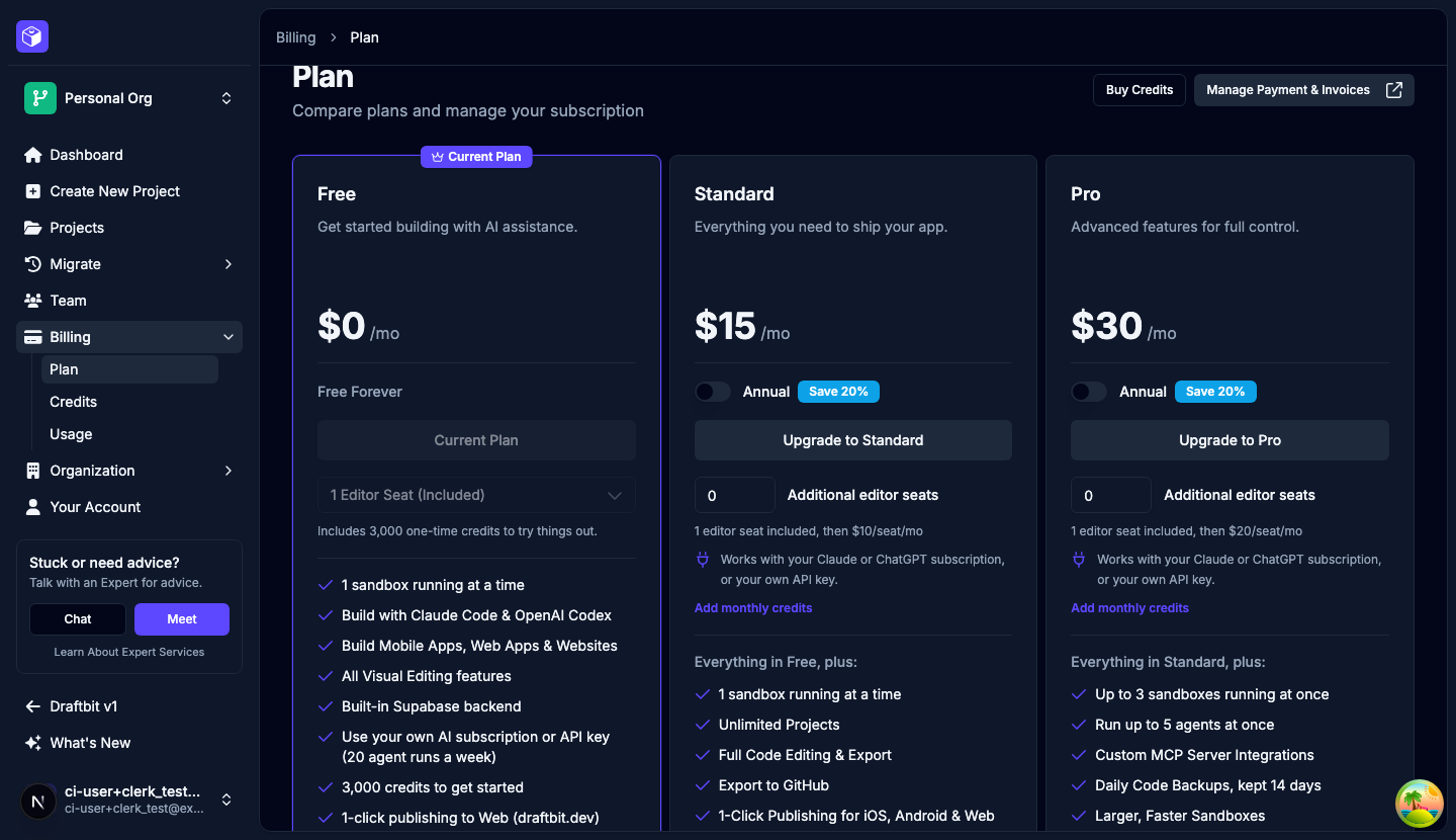 The Plan page on the Free plan, with the Free, Standard, and Pro cards