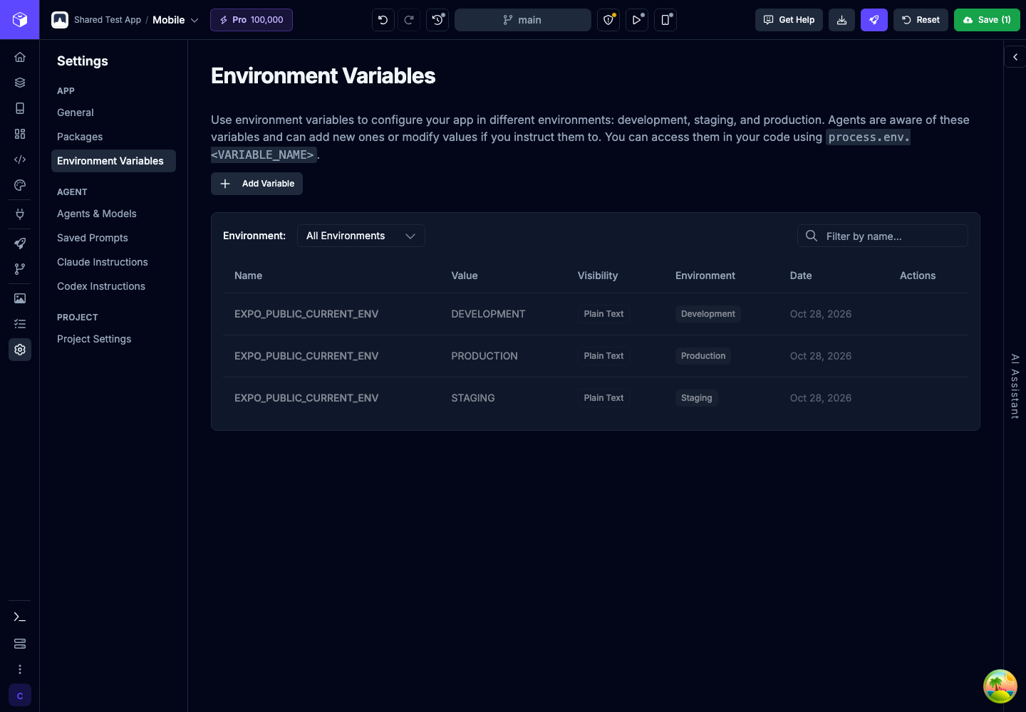 The Environment Variables section of Settings