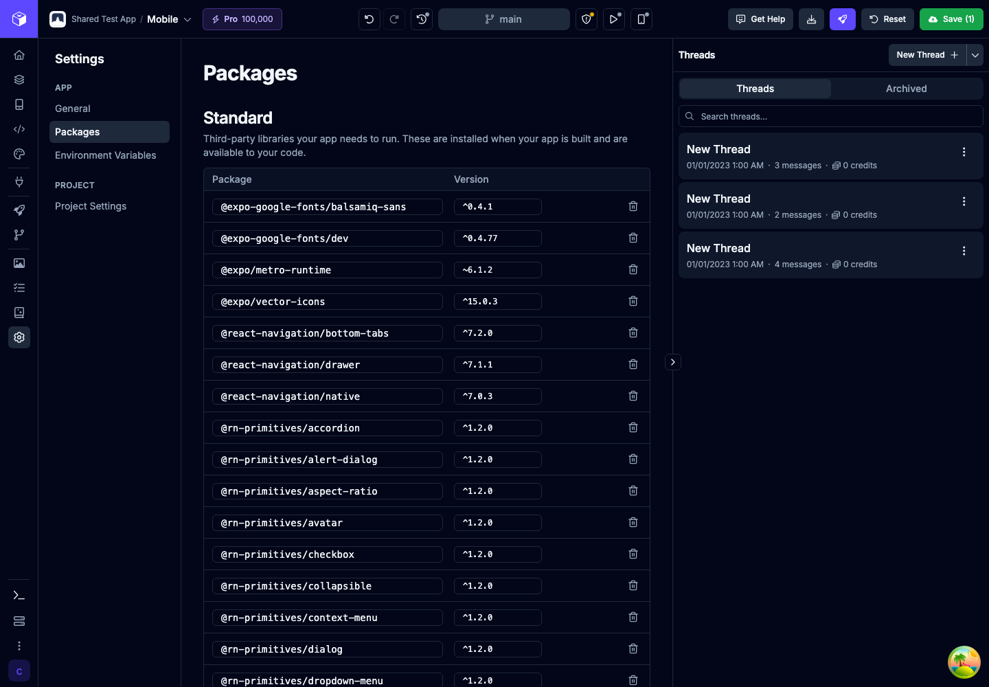 The Packages section of Settings