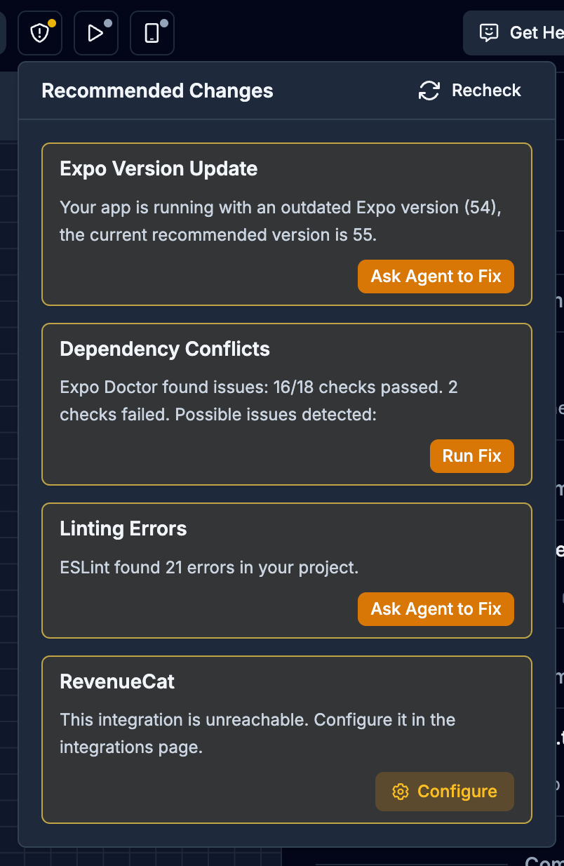 The Recommended Changes popover with Recheck and suggested fixes