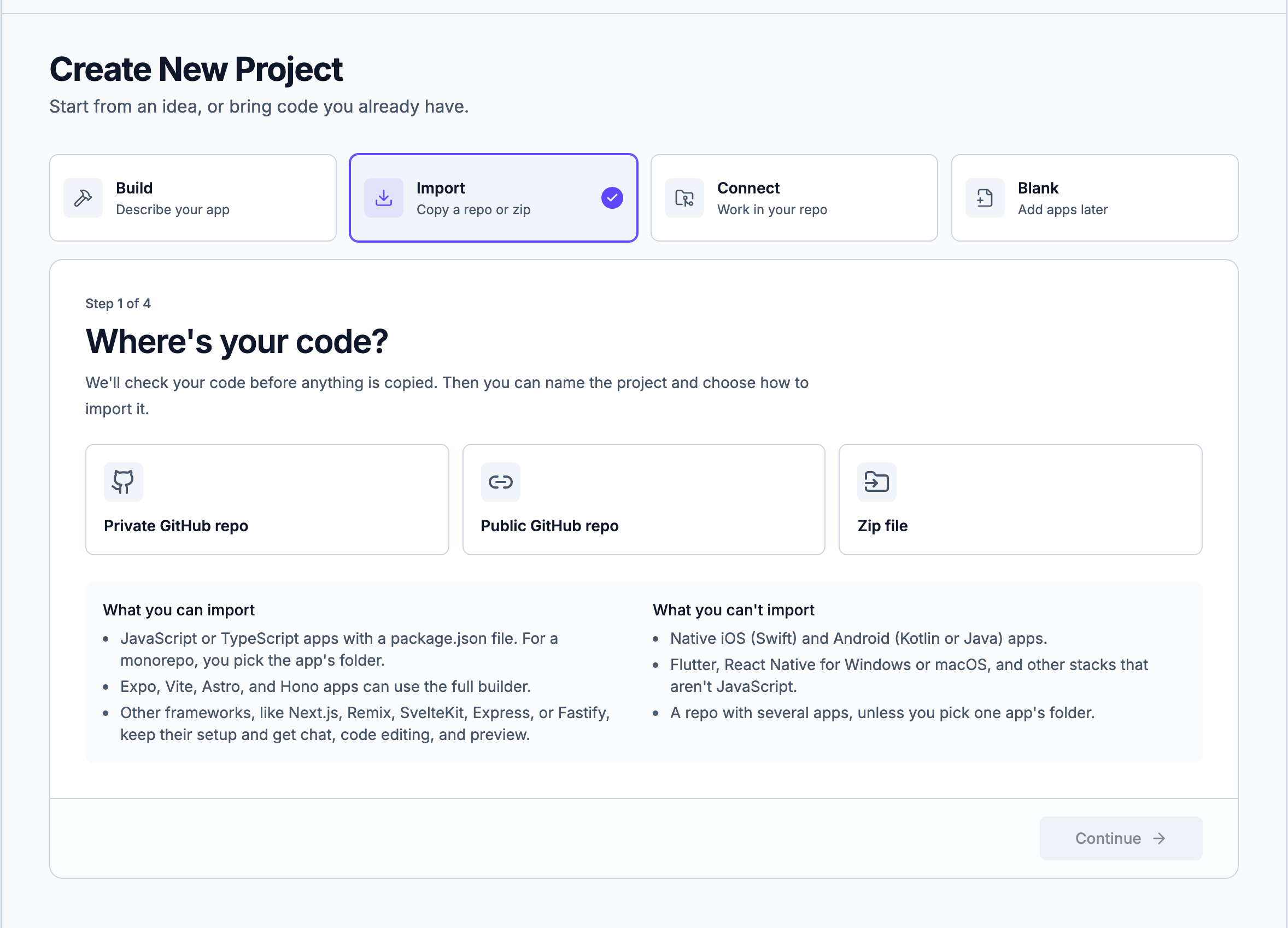 Create New Project screen with Import selected, showing Private GitHub repo, Public GitHub repo, and Zip file source options