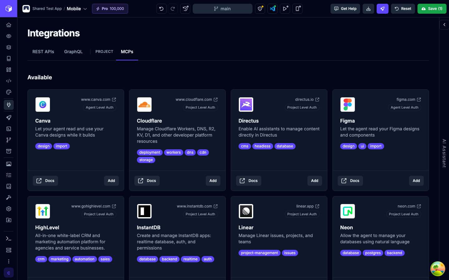 Integrations, showing the MCPs you can add to the agent