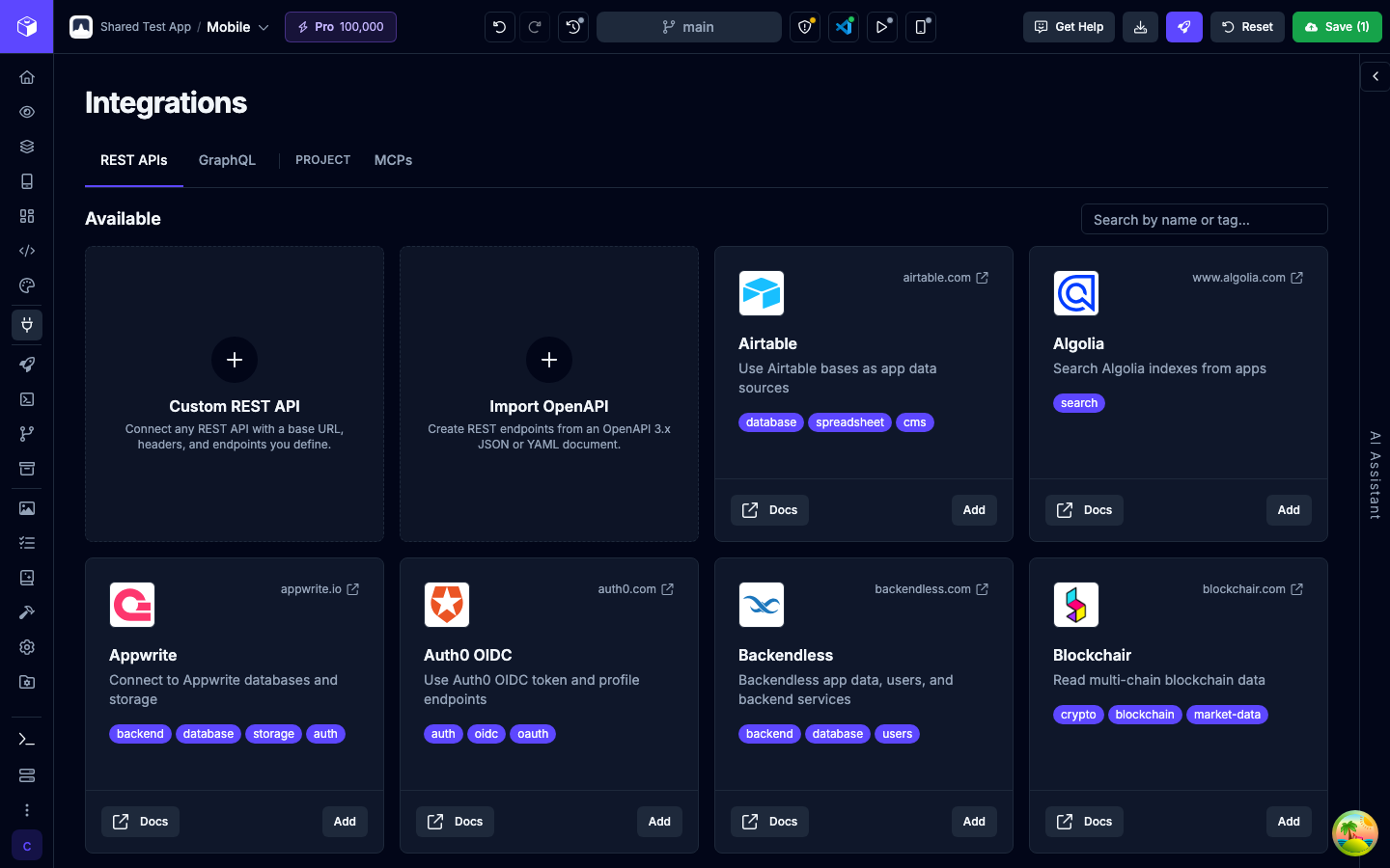 The REST APIs tab of the Integrations page, showing the catalog of services you can add