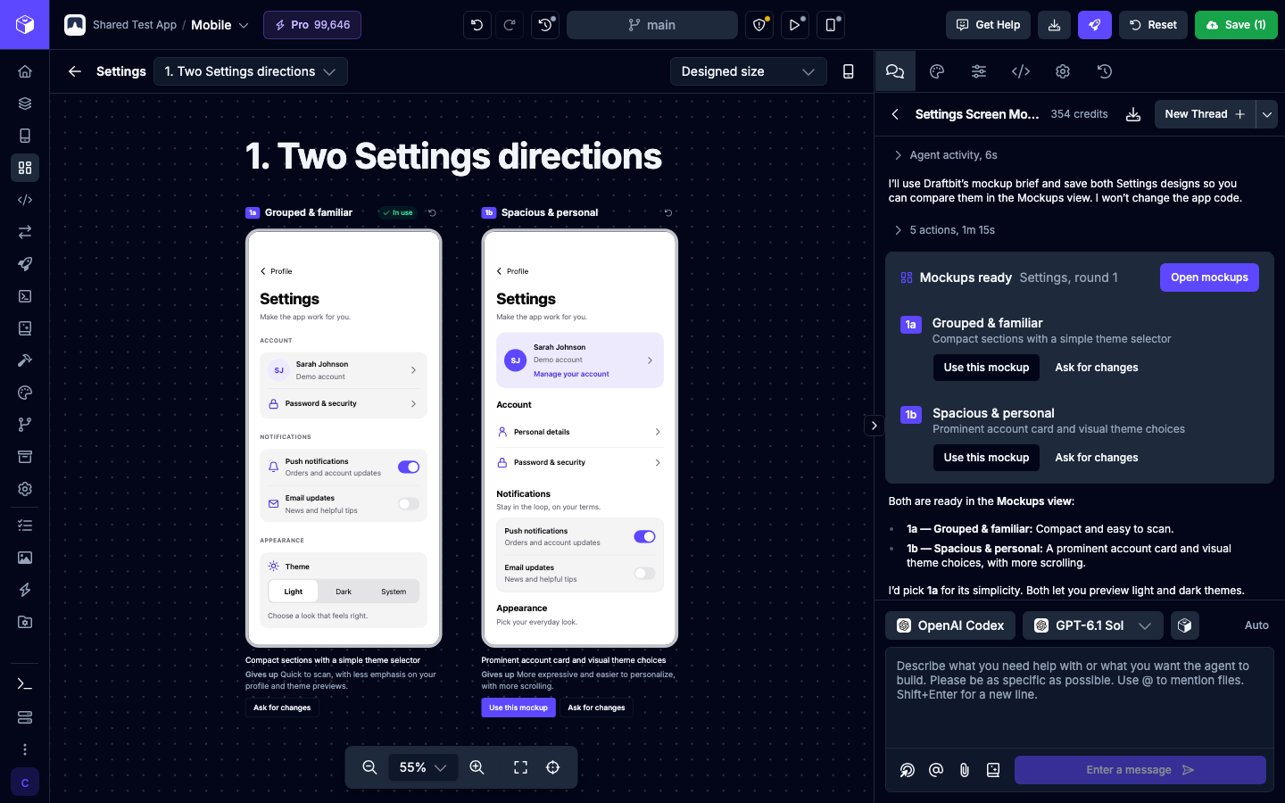 Mockups view with two options next to the Mockups ready card in chat